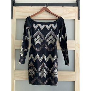 Express Black Sequin Bodycon Mini Dress XS Long Sleeve Off Shoulder